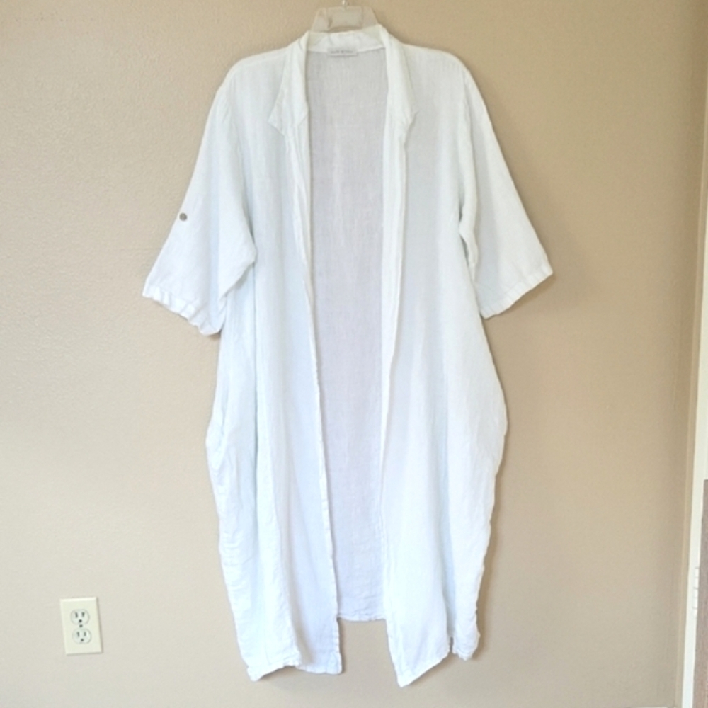Made In Italy Womens White Linen Open Front Long Cardigan Beach Coastal Breezy